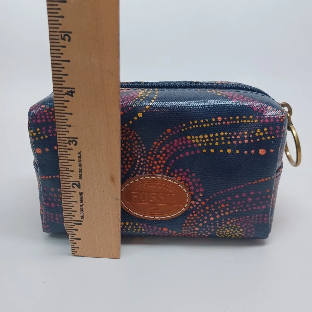 Fossil Blue Dot Swirl Coated Canvas Small Makeup Pouch Coin Bag Brass Ring Pull
